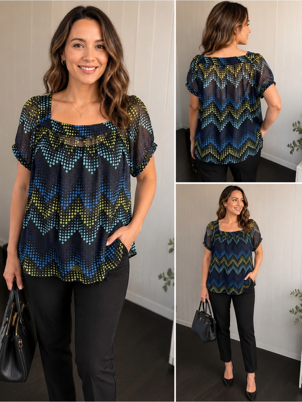 Ann Taylor Sheer Polka Dot Blouse XL Blue Yellow Geometric Top
